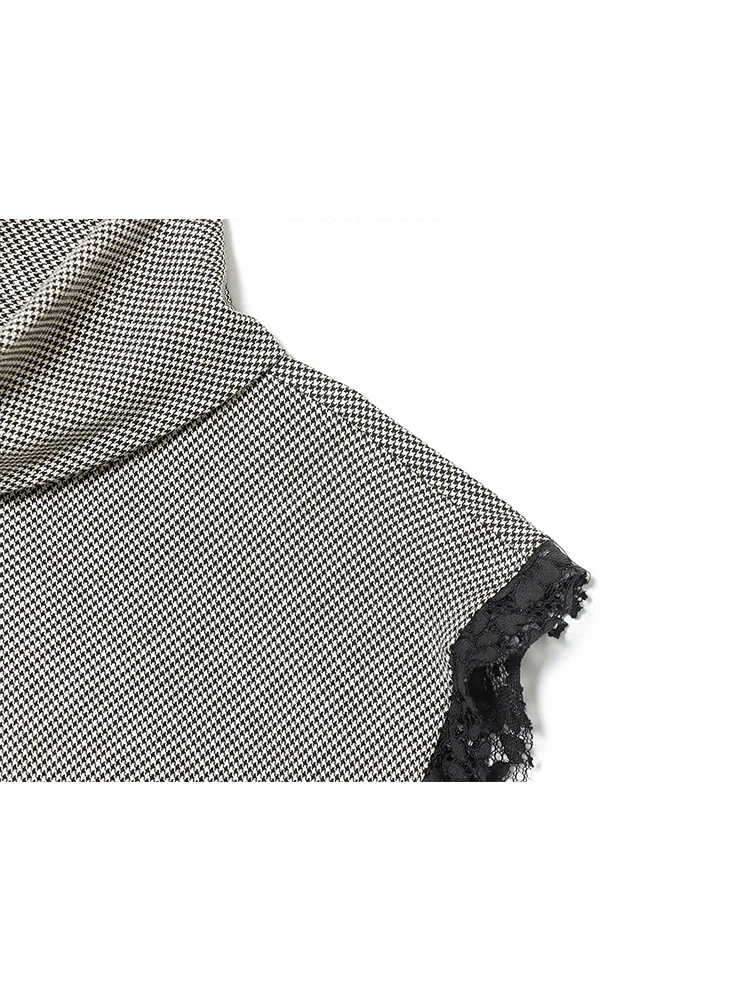 Women Vintage Sleeveless Lace Splicing Tops Elegant Streetwear Chic Stand Collar Slim Fit Asymmetrcal Hem T-Shirt Spring New