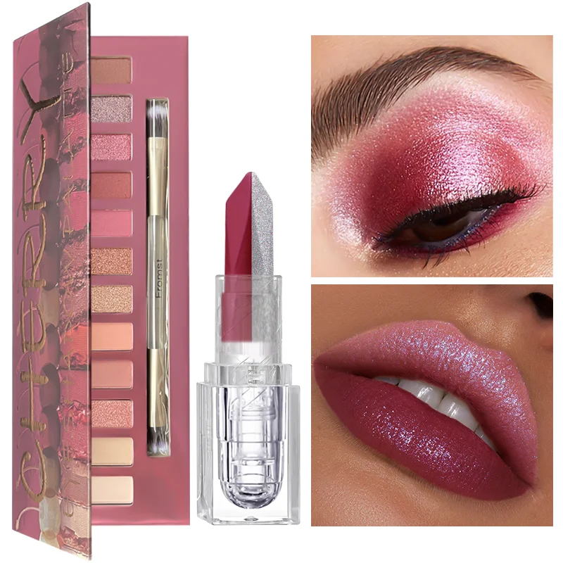 12-color Eyeshadow Tray Red Set Long-lasting Waterproof and Sweatproof Lipstick Eyeshadow Two-piece Set