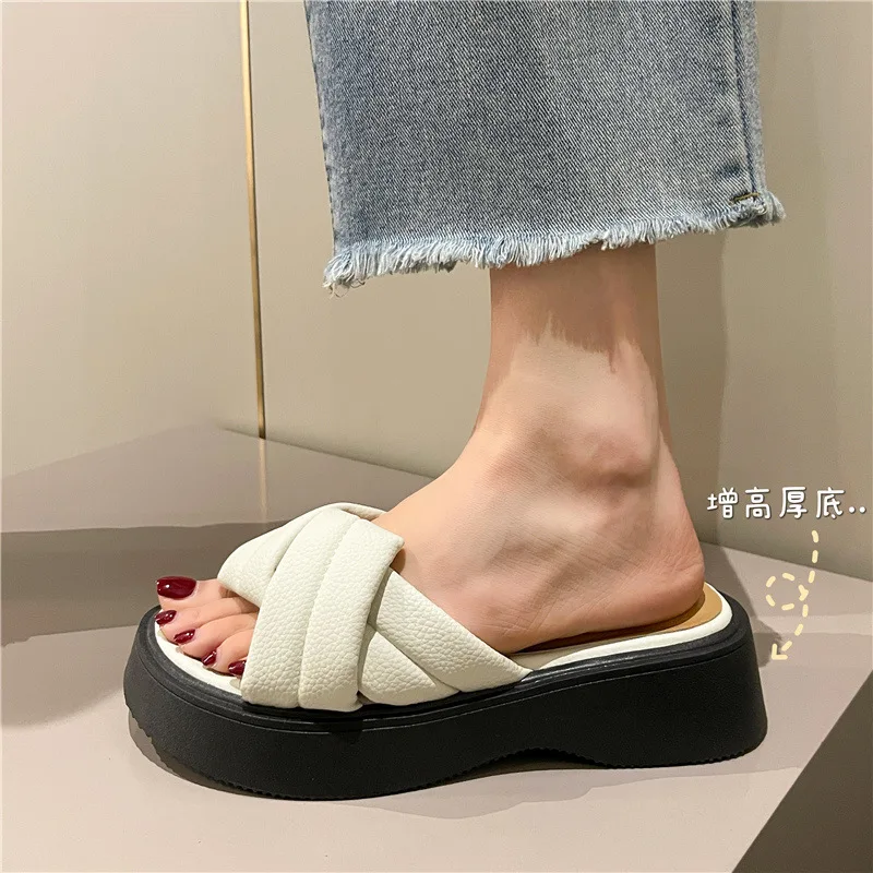 

Chunky Platform Beach Slippers Women Shoes Round Toe Soft Leather Wedge Sandals Lady Summer 2023 Thick Bottom Female Flip Flops
