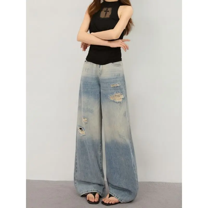 Jeans déchirés à jambes larges pour femmes, nouvelle tendance estivale, taille haute, amincissants, pantalons en denim amples et droits