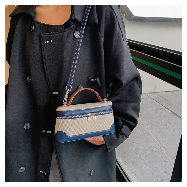 retro canvas handbag for women,women’s summer crossbody bag,contrast color casual handbag,small square canvas shoulder bag,casual women’s sling bag,retro fashion canvas purse,lightweight canvas handbag