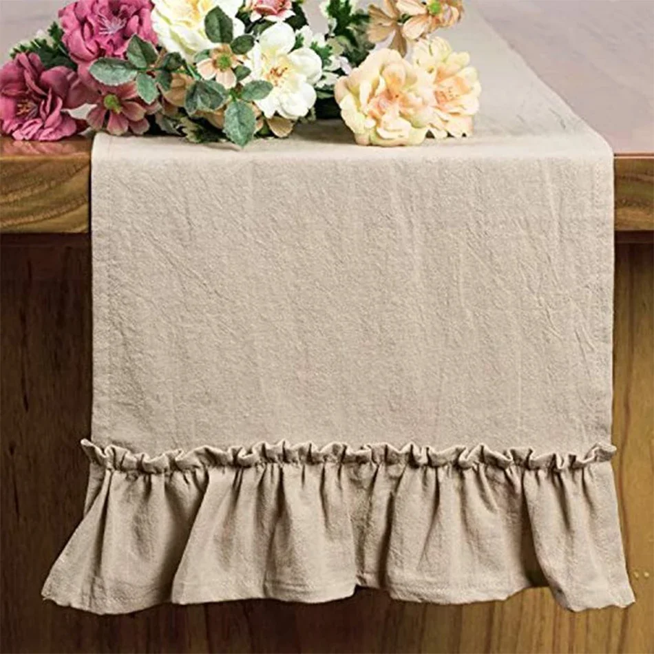Ruffles Table Runner 100% Cotton Event Fabric Decor Romantic Solid Colour Placemat for Holiday Wedding Party Christmas Doily 2