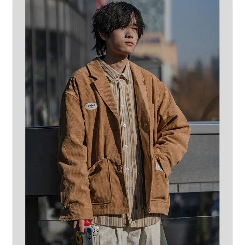 남녀공용 빈티지 코듀로이 재킷, 롱 팬츠 스트라이프 셔츠, 루즈한 한국 스타일, 하이 스트리트 캐주얼 슈트, 가을 세트, 3 개