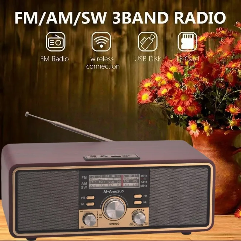 Nostalgic Retro Wooden Bluetooth Speakers Stereo Radio Wireless Subwoofer with AM/FM/SW Multi-band Support AUX USB TF Card Slot