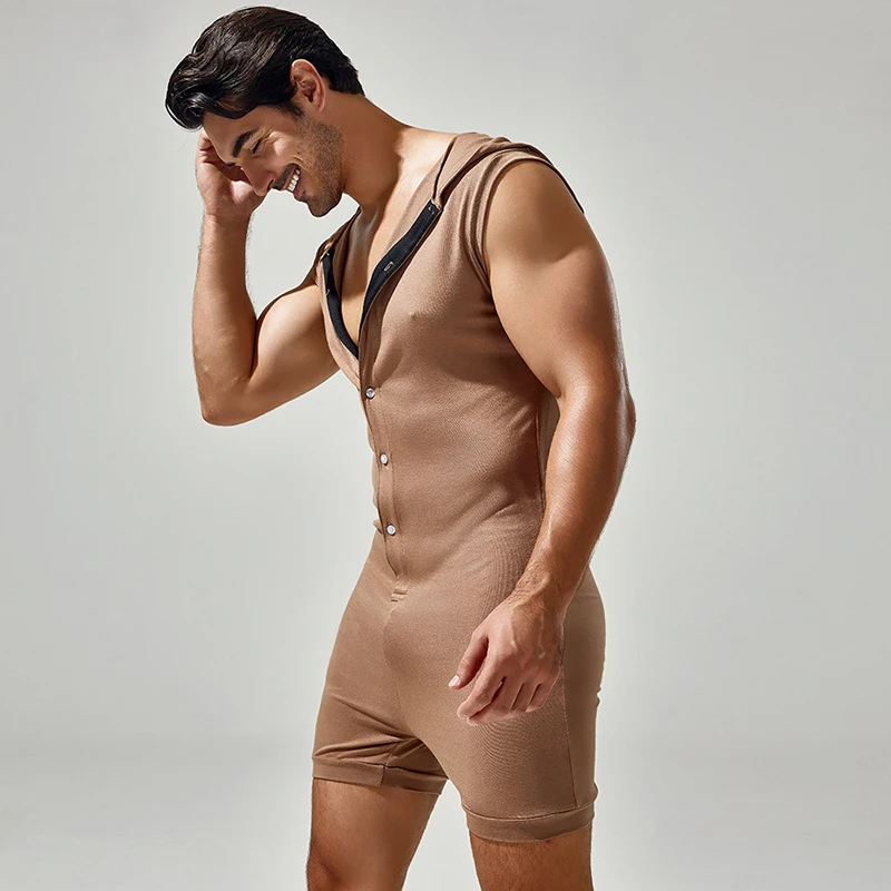 Mens Sexy Buttoned Hooded Jumpsuits Summer Breathable Casual Slim Fit Overalls Fashion Solid Color Sleeveless Bodysuits