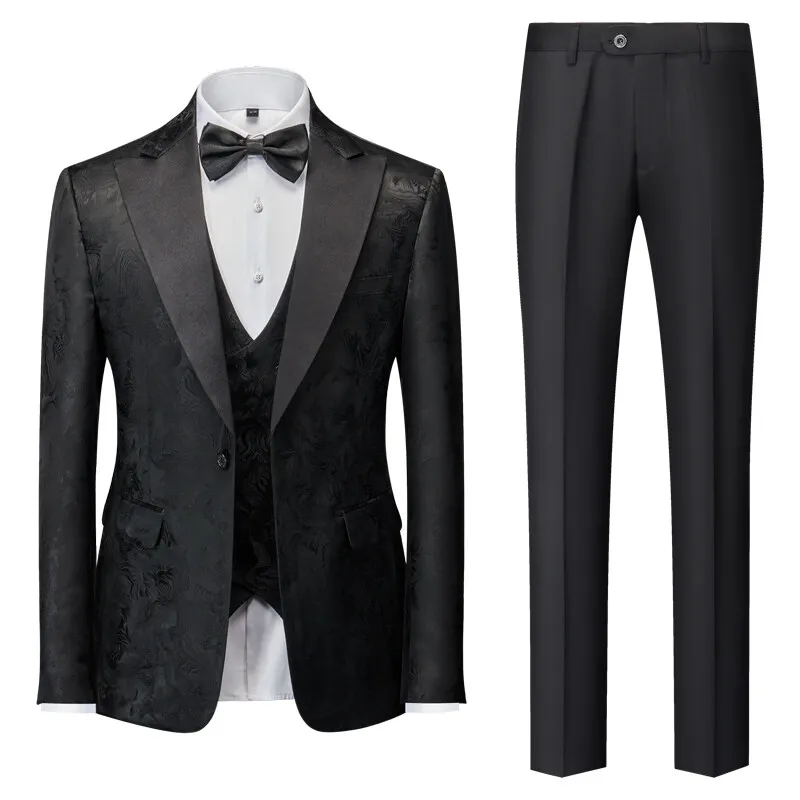 Men Wedding Party Dress 3 Piece Jacket Pant Vest Black Red Gray Fashion Male Business Social Dance Tailcoat Suits