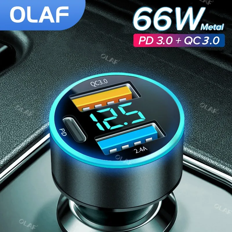 Olaf 66W 3 Porte Caricabatteria Da Auto Accendino Ricarica Rapida Per Iphone Qc3.0 Pd Usb Tipo C Caricabatteria Da Auto Per Xiaomi Samsung Huawei
