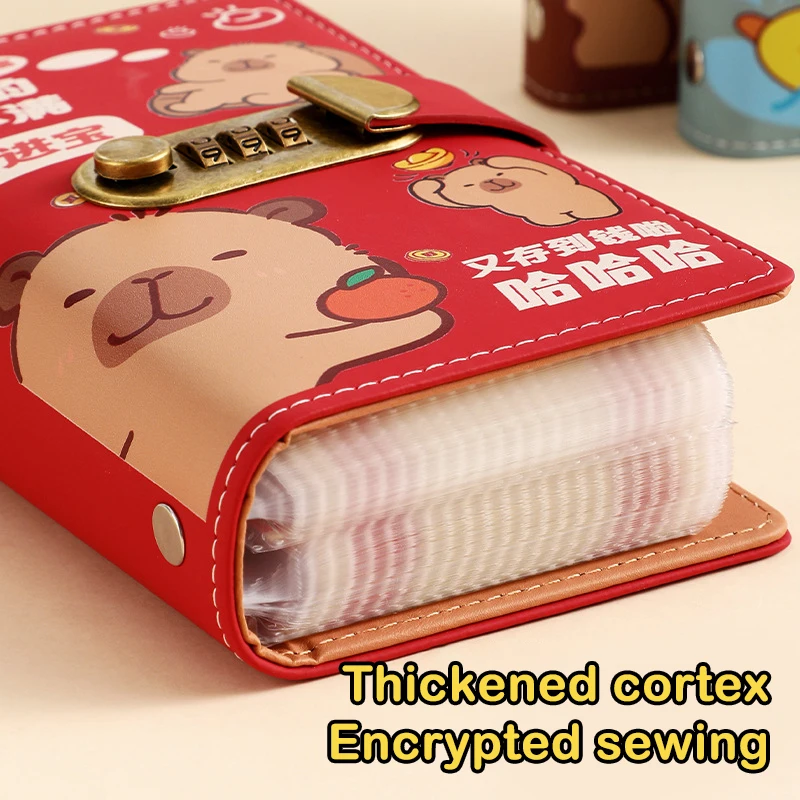 카피바라 테마 PU 가죽 번호 보호 머니 세이빙 바인더, 현금 봉투 플래너 오거나이저