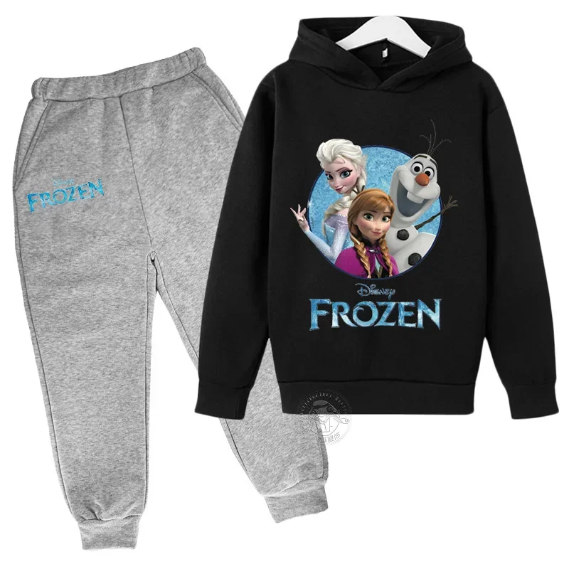 

2024 Disney Frozen Creative Print 3-14 Years Old Girls Hoodie Suit Street Fashion Sweater + Pants Two-piece Harajuku Girls Suit