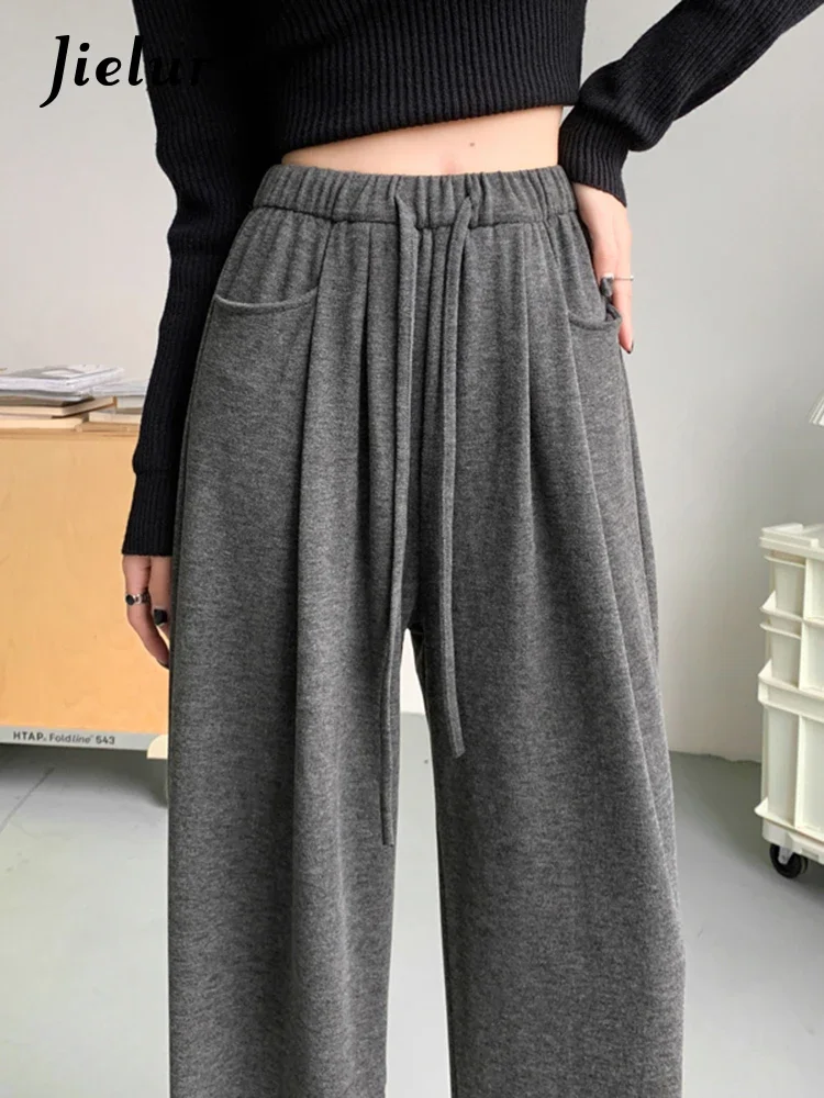 Jielur Dark Grey Sport Loose Casual Women's Pants Simple Solid Color Fashion Basic Female Wide Leg Pants Office Ladies Trousers