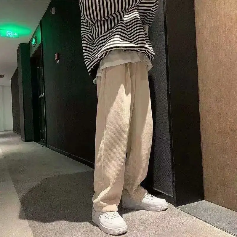 Summer Men's Casual Tie Straight Leg Pants Corduroy Monochrome Oversized Warm Korean Street Pants Streetwear casual pants,corduroy pants