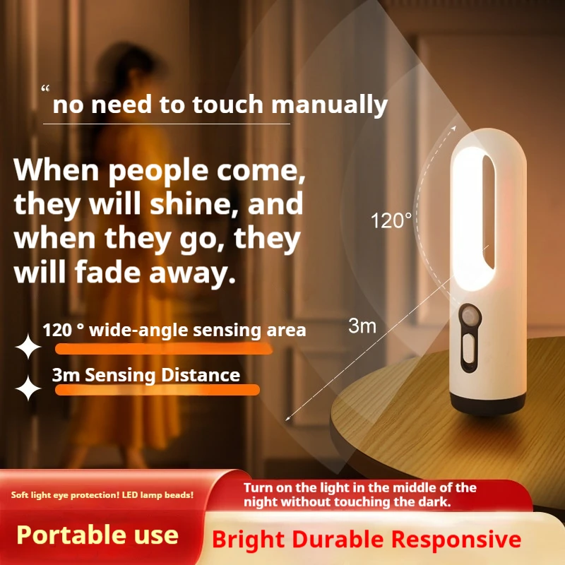 JUSTLANG תאורת לילה עם חיישן תנועה LED 2 ב-1 פנס נייד לטיפוח העיניים בחדר השינה, בחדר האמבטיה, בקריאה, במחנה, להאכלת תינוק