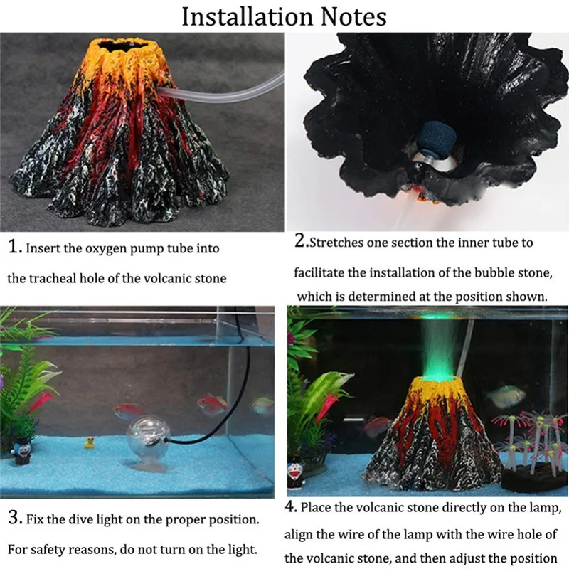 Resin Aquarium Decorations Air Stone Bubbler Volcano Shape Ornament Kit Set with Red LED Spotlight for Betta Aquarium Fish Tank fish tank ornaments,fish tank decorations,aquarium ornaments
