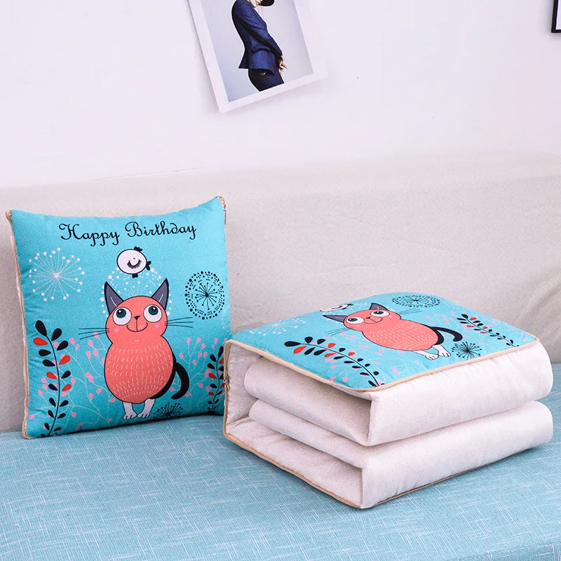 2 In 1 Pillow Travel Quilt Blanket Cartoon Thick Throw Pillow Portable Foldable Air Conditioner Cushion Blanket Car Sofa Office