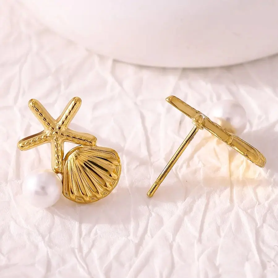 Minimalist Zircon Peral Shell Starfish Earrings for Women