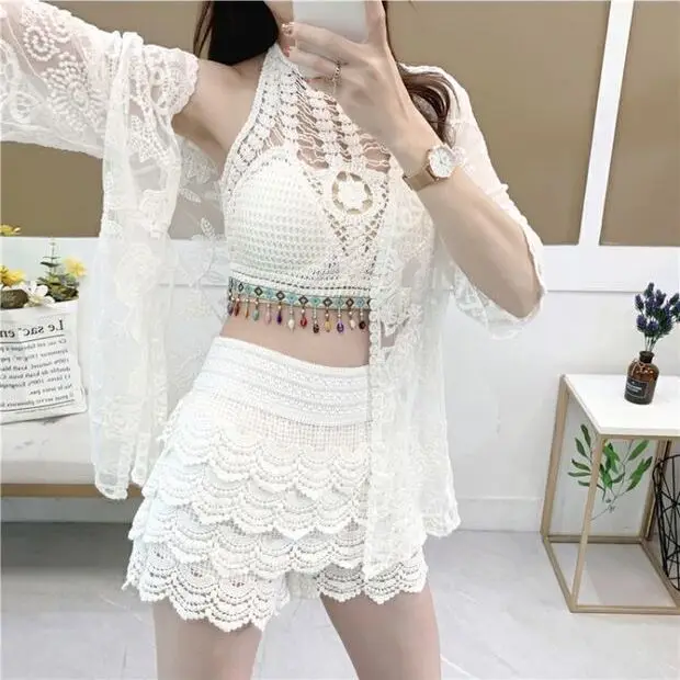 

Summer Seaside Camisole Halter Top Vest & Casual Shorts & Hollowed-out Lace Sunblock Three-piece Set Women's Dress Free Shipping