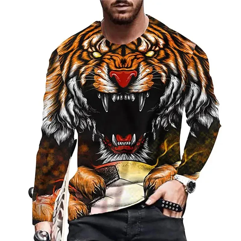 

Футболка мужская с длинным рукавом, винтажный Свободный свитшот с 3d принтом тигра и Льва, модный топ оверсайз, на осень