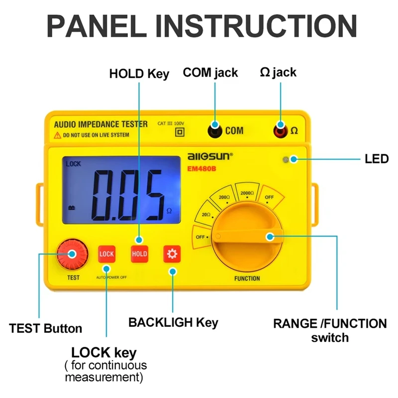 All Sun EM480B Audio Impedance Tester 1Khz Timer Function Data Hold Test Ranges 20/200/2000