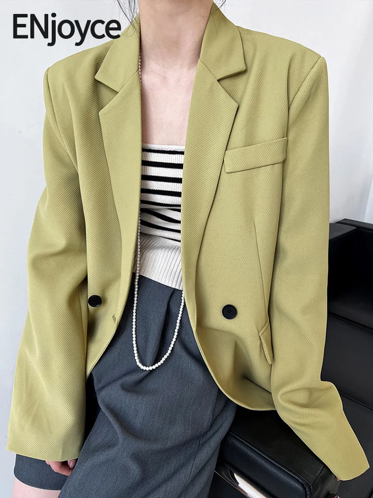 

ENjoyce 2023 Autumn Women Korean Avocado Green Blazer Long Sleeve Suit Office Ladies Workwear Jacket Outerwear Coats