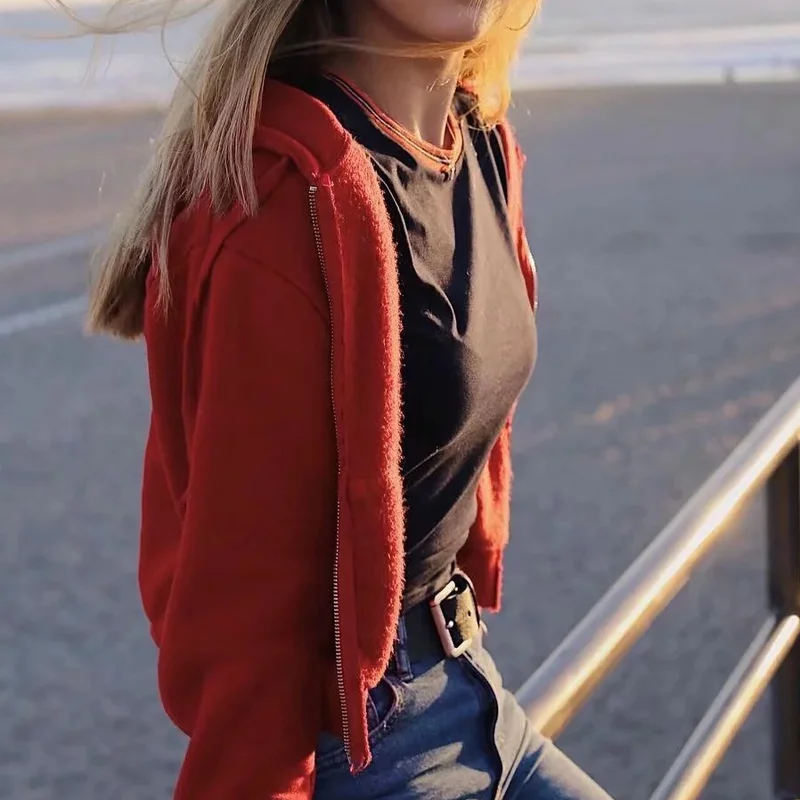 2022 Korean Casual Zip Up Hoodie Tops Women New Autumn Winter y2k Loose Slim Sweatshirts Pockets Loose Streetwear Crop Hoodies