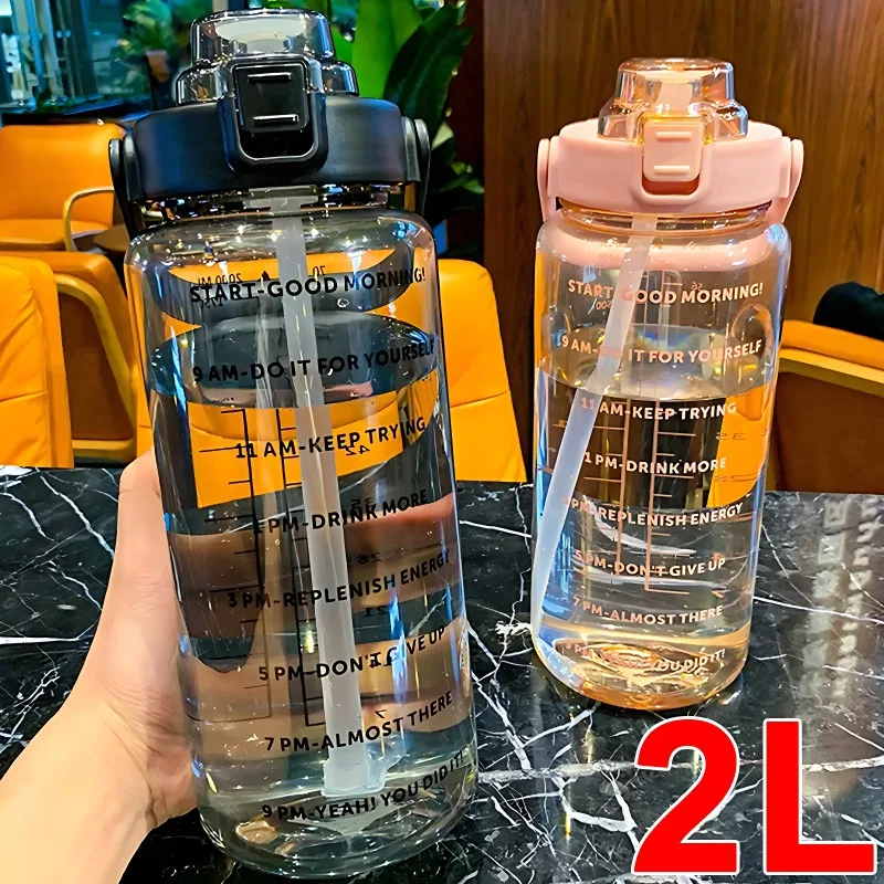 2L Sports Water Bottle with Straw Men Women Fitness Water Bottles Outdoor Sports Cold Water Bottlesc with Time Marker Drinkware