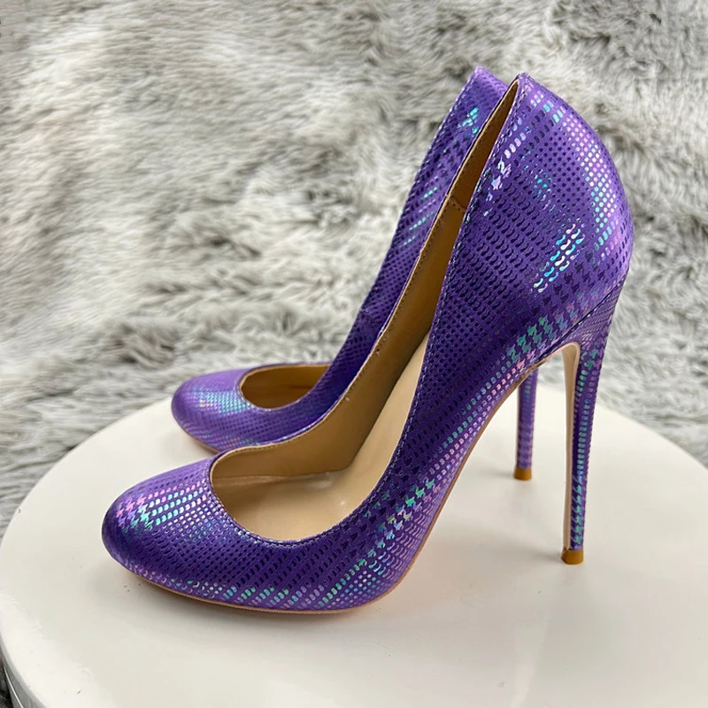 

Grid rose blue purple round toe 12cm 10cm high thin heel shallow handmade office slip on big size 33-46 lady pump RM037 ROVICIYA