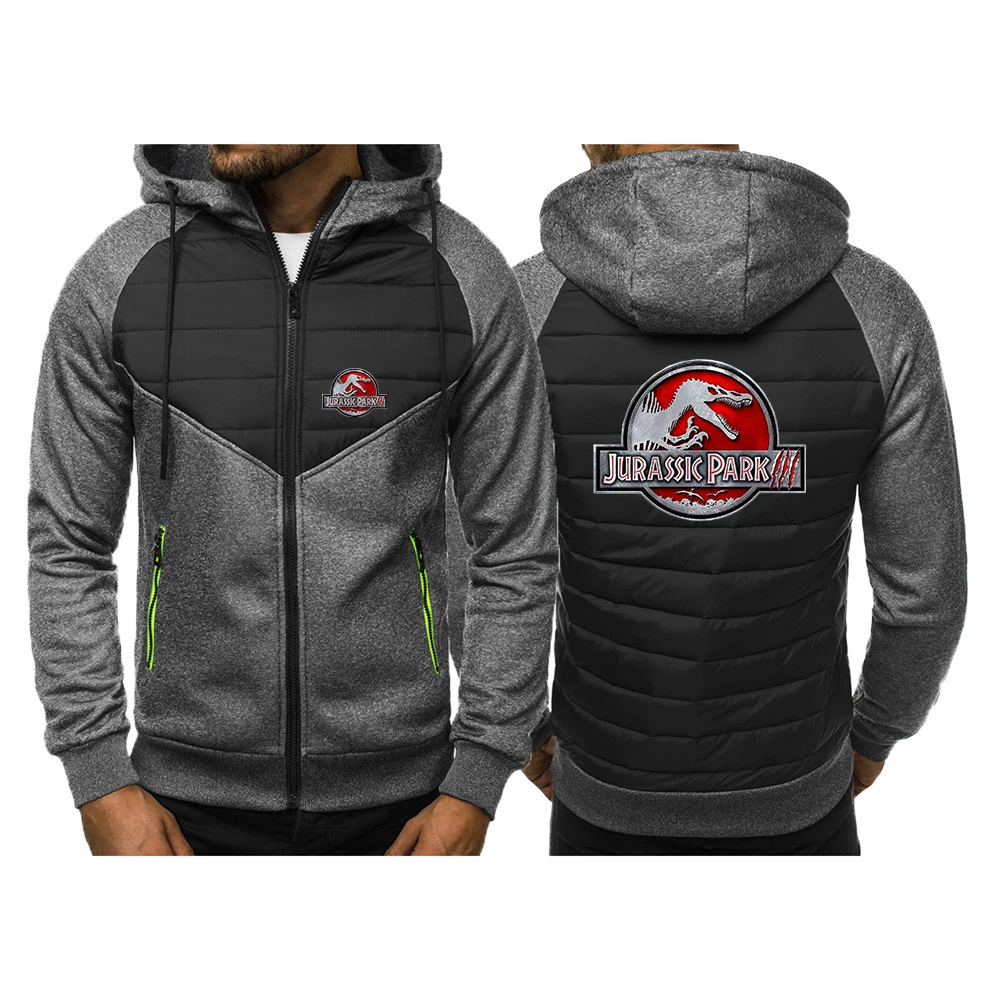 2023 New Men Jurassic Park Tricolor Hooded Jacket Spring and Autumn Comfortable Casual Slim Patchwork Zipper Coat Long Sleeve