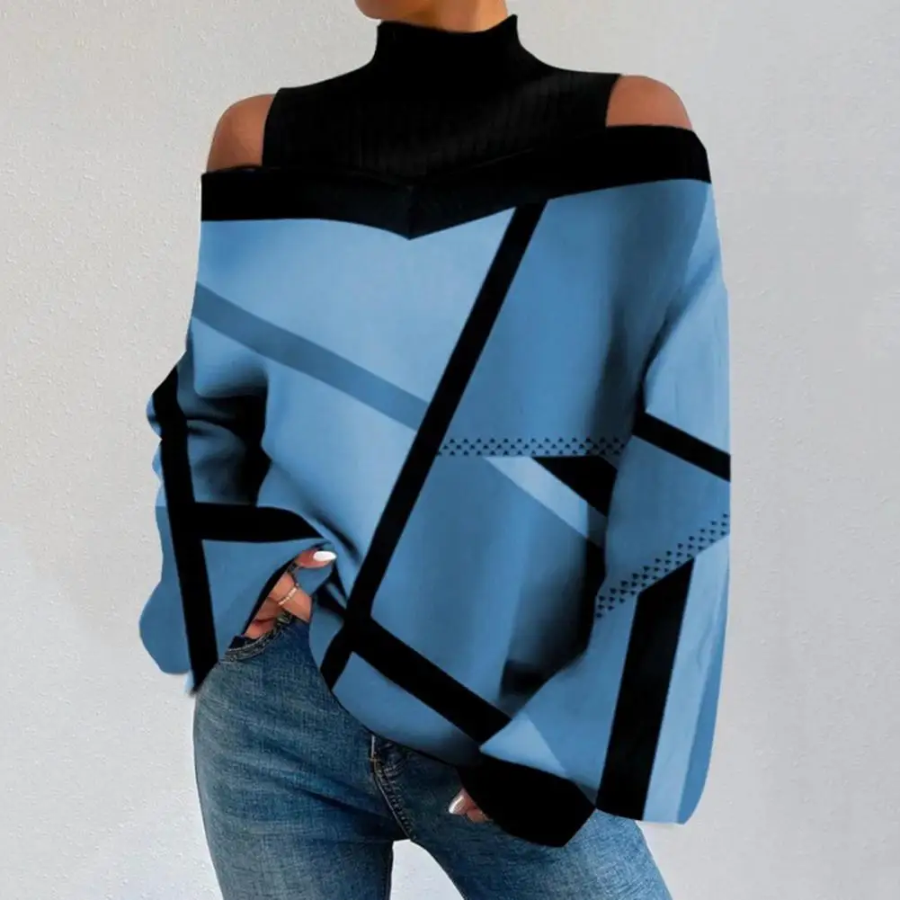 

Half-high Collar Women Tops Contrast Color Print Tops Stylish Women's Autumn/winter Half High Collar Cold Shoulder Lantern