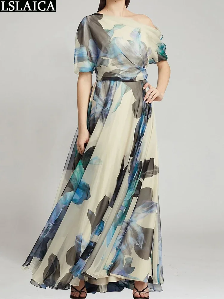 

Party Dresses Off Shoulder Short Sleeve High Waist Summer Pleated Big Swing Woman Clothes Elegant Boho Bandage Print Maxi Dress