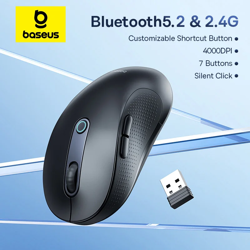 Baseus-F02 Mouse sem fio, Bluetooth 5.2, 2.4G, 4000DPI, ergonômico, 6 botões mudo, ratos para iPad, MacBook, Tablet, laptop, computador
