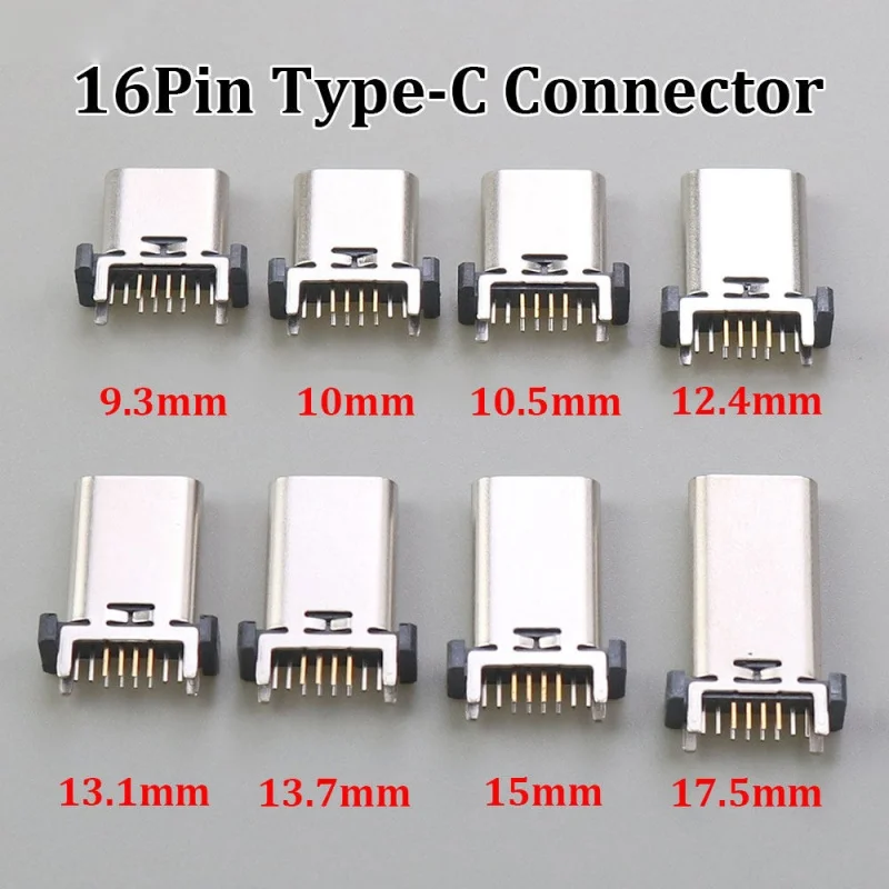 Vertical USB Type-C Female Port Connector – Adjustable Heights, 16-Pin