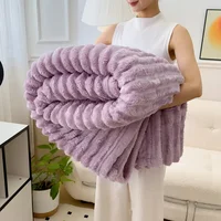 Artificial Rabbit Plush Striped Blanket Warm Soft Coral Fleece Sofa Throw Blankets Hicken Bed Sheet Sofa Towel Couch Cover - taro purple, 120x200cm 1pcs