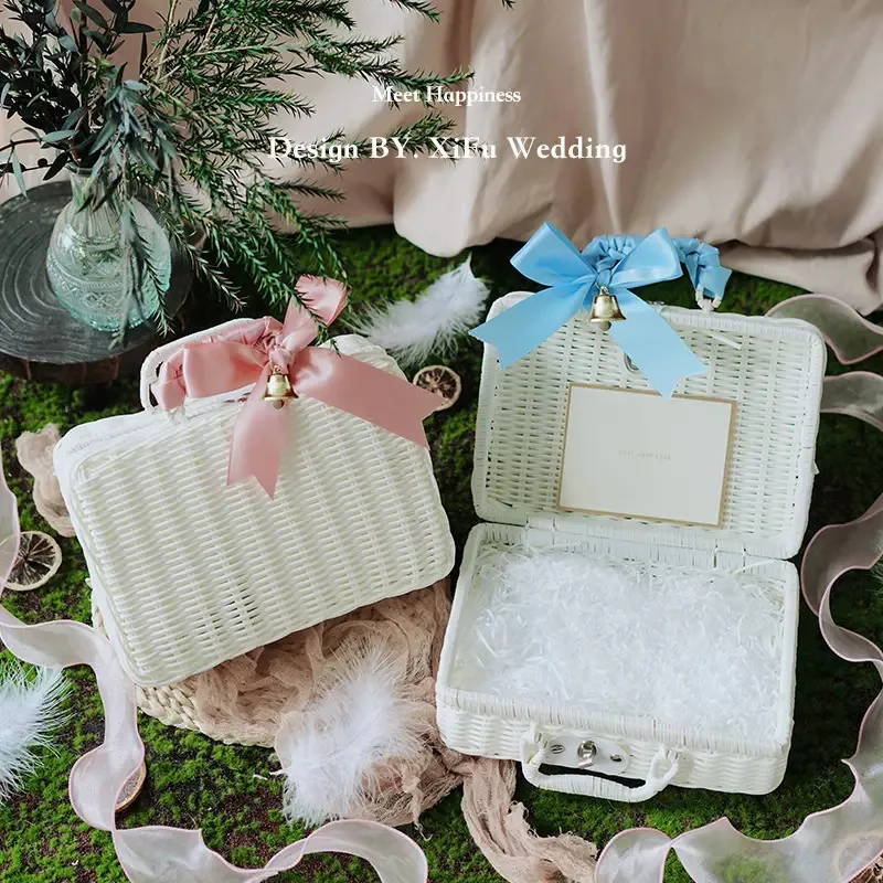 

Старшая Свадебная подарочная коробка с ручками для подружки невесты, пластиковый ротанговый плетеный мешок для конфет, упаковочные коробки, включая ленты, измельченная бумага