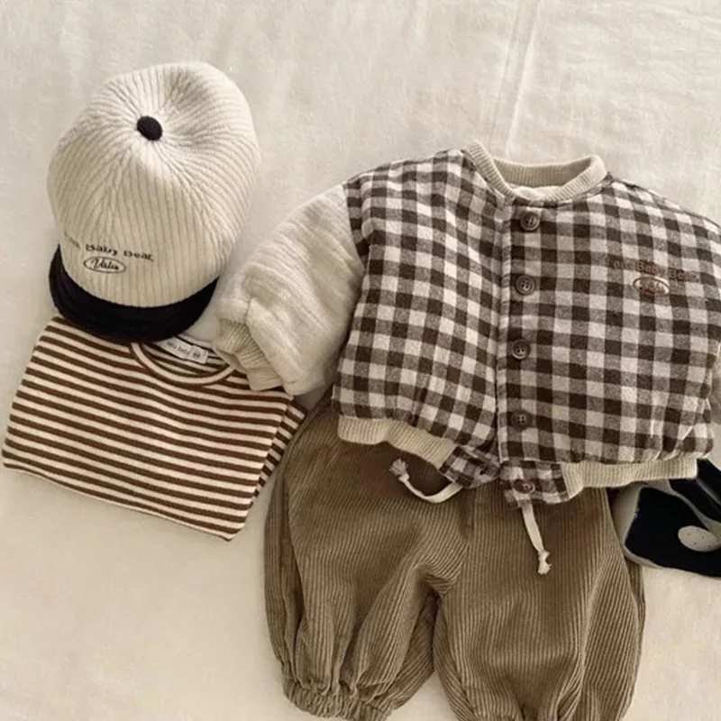 Winter New Baby Long Sleeve Warm Coat Plus Velvet Thick Infant Girls Fleece Plaid Coat Boys Padded Jacket Toddler Clothes