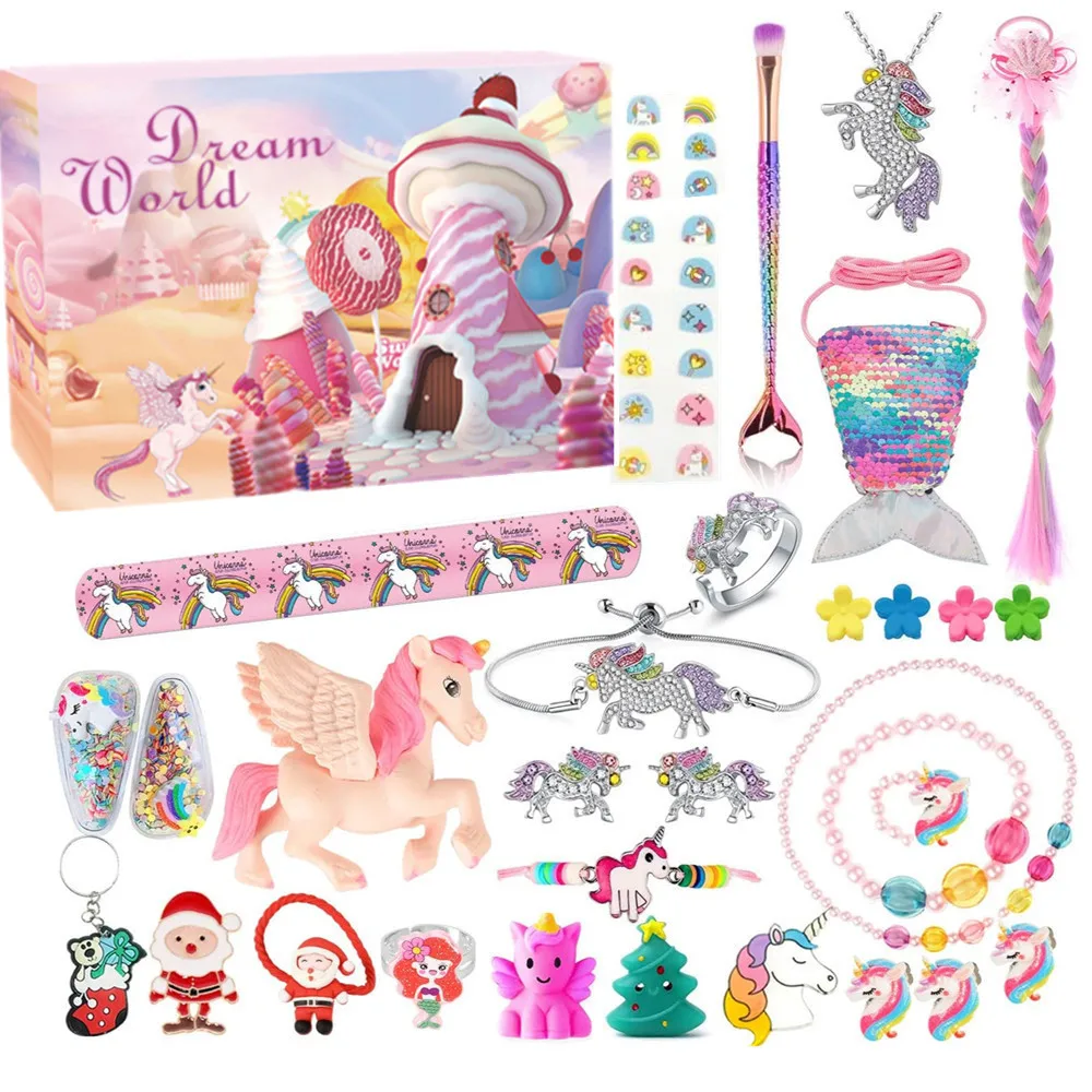 

Christmas Advent Calendar Box 24pcs Princess Pretend makeup set jewelry cute unicorn toys snowman elk for Girls Christmas Gifts