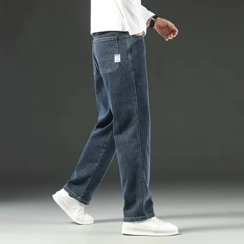 Pantalones vaqueros elásticos de cintura alta para hombre, Jeans clásicos de negocios informales para oficina, a la moda, color azul marino, otoño e invierno, nuevos 1