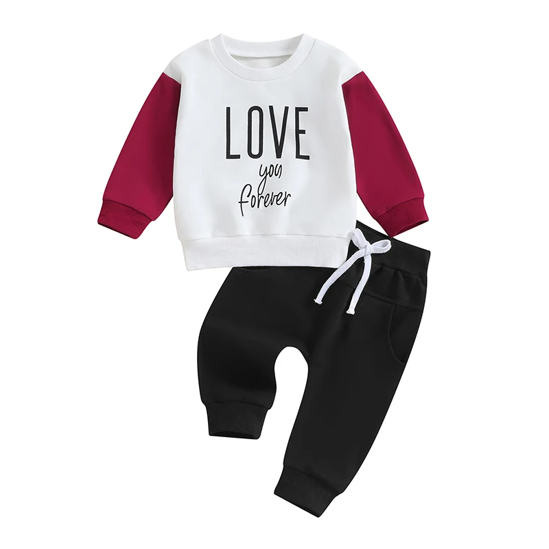 

2Pcs Toddler Baby Boy Girl Clothes Love You Forever Sweatshirt Pullover Tops Solid Color Pants Set Infant Valentines Outfit