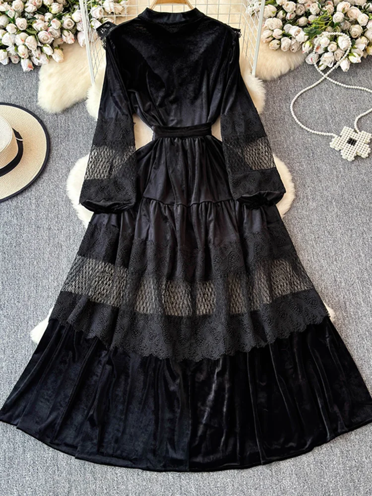 Vintage Women's Velvet lace patchwork Maxi dress 2025 Autumn winter Luxury  Elegant Long shirt dresses Large size INKEO 4D118 - AliExpress