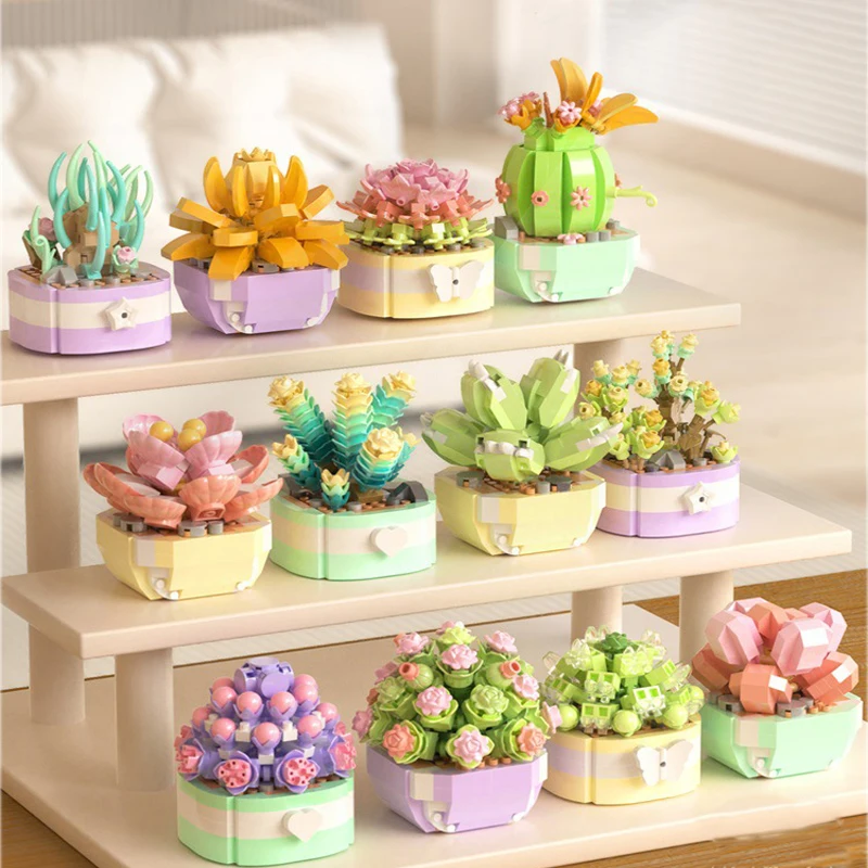 Kit de bloques de construcción de ramo de flores creativo, planta suculenta, bonsái, juguetes de ensamblaje, decoración de escritorio, regalo para invitados