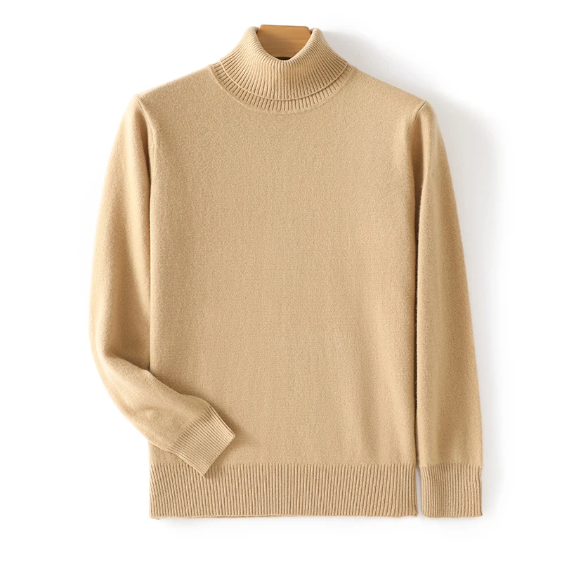 New autumn and winter 100% pure wool solid color men\'s turtleneck sweater loose long-sleeved knitted cashmere bottoming shirt