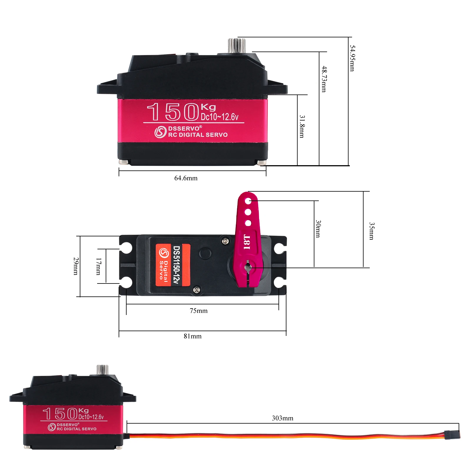 RC Servo RCmall 4Sets 150KG 12V DS51150 Digital Servo 180/270 Degree IP66 with 18T Servo Arm Full Metal Gear Motor for RC Car Robot