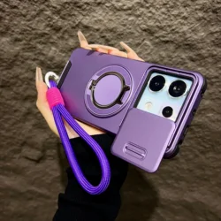 Enhanced Armor Magnetic Phone Case with Lanyard and Slide Lens Protection Cover for Redmi Note 13 Pro+ (PURPLE)