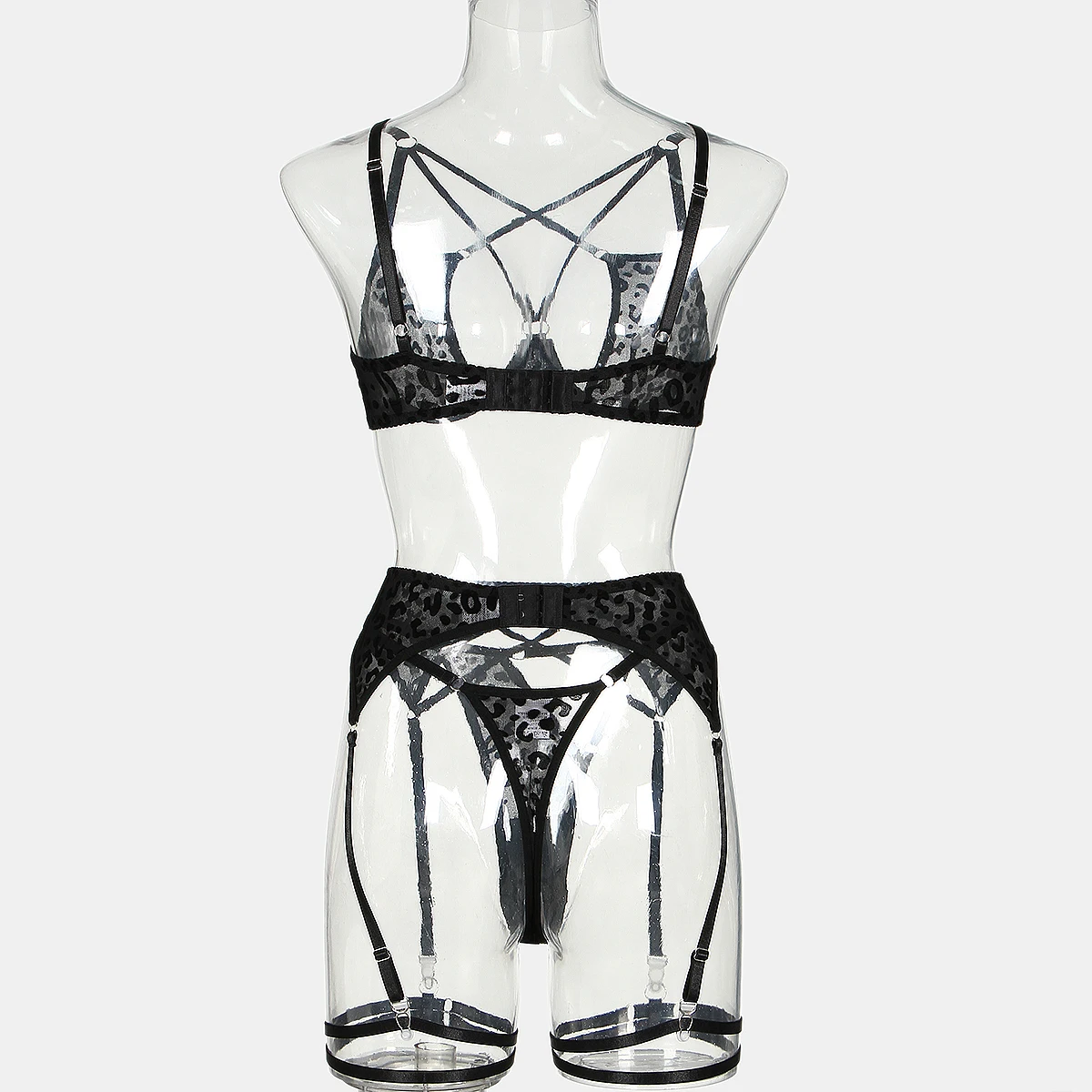 MUZISKAT 2023 New Bra Leopard Print Mesh Sexy Cross Webbing Hollow Erotic Lingerie Four And Five Sets Of Female
