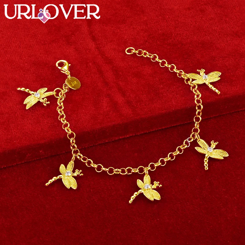 

URLOVER 24K Gold Bracelet For Woman Five Dragonfly Zircon Crystal Pendant Bracelets Lady Party Wedding Engagement Charm Jewelry