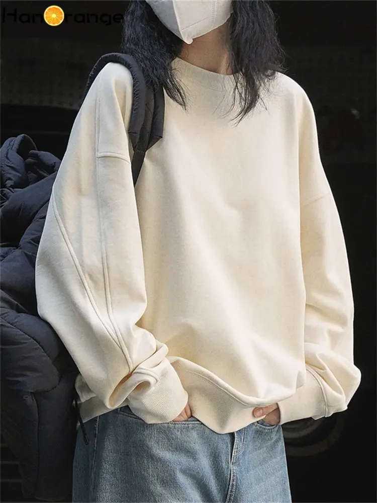 

HanOrange 2023 Early Spring Simple Silhouette O-neck Cotton Sweatshirt Women Loose Casual Top Pullover Off White/Dark Grey