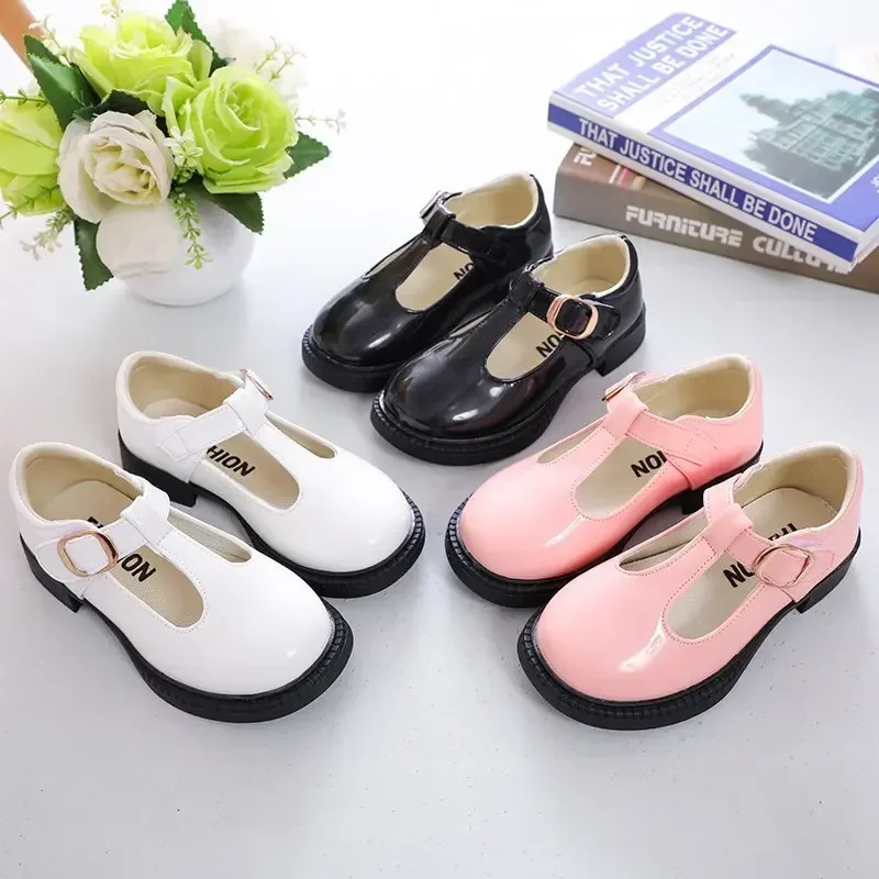 Girls Leather Shoes School Party Flats T-strap Simple Classic Buckle 26-36