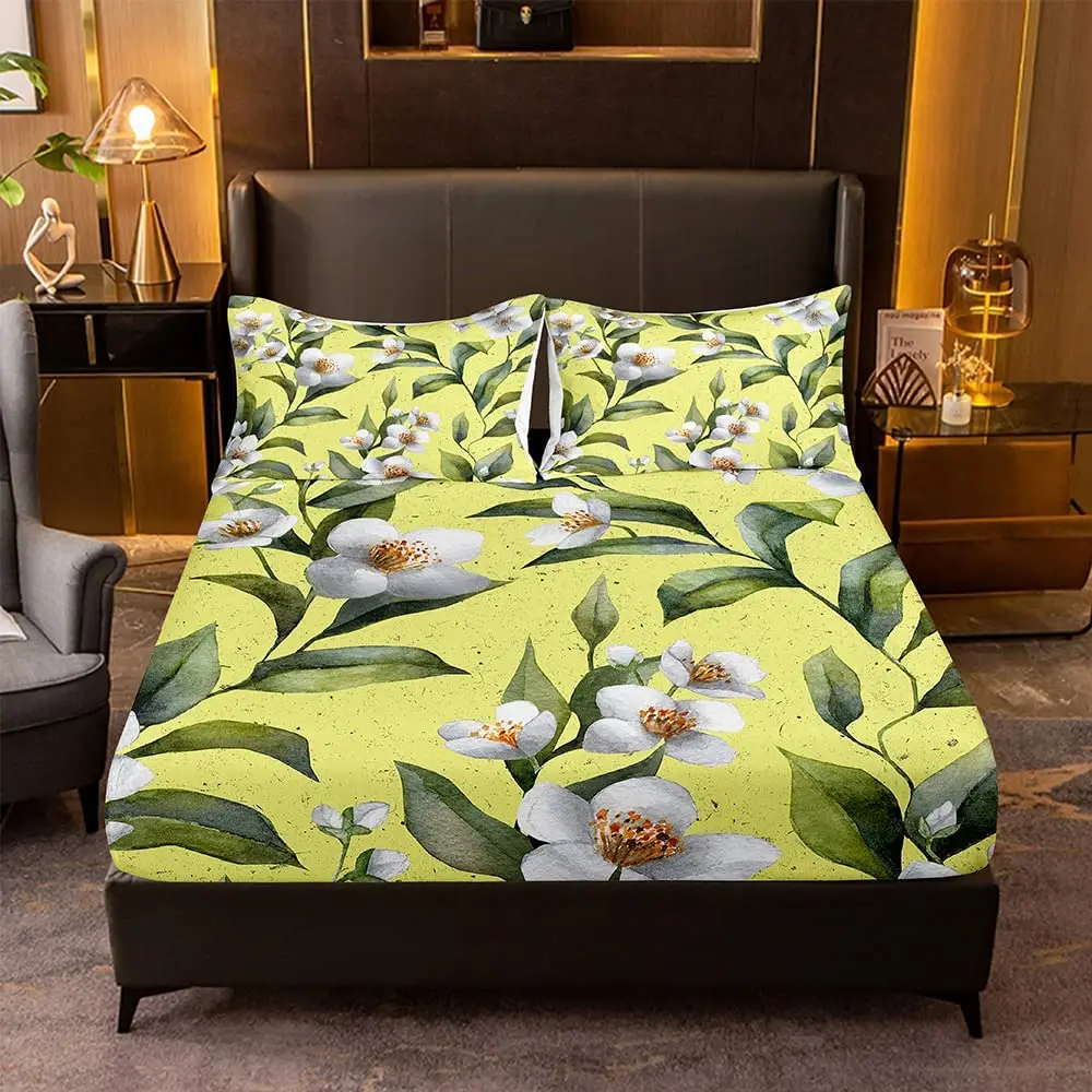 FloralFittedSheetwith2PillowcasesFlowerLeavesBeddingSetsPolyesterSoftKingQueenSize