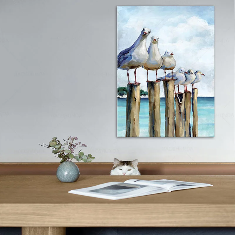 Gabbiano Wall Art White Blue Painting Canvas Prints Birds Beach Theme Calming Coastal Animal Picture Living Room Decor