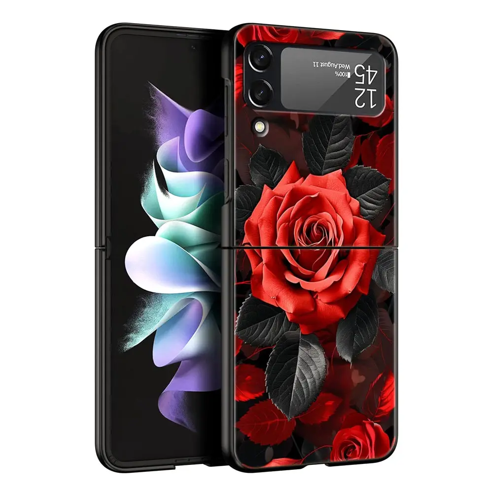 Elegant Red Rose Floral Phone Case - Black Hard Folding Cover