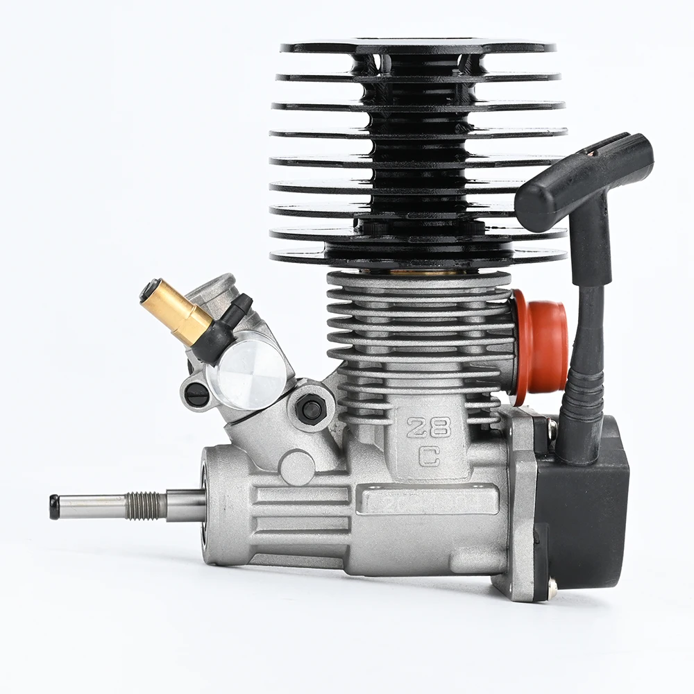 Moteur Nitro SH 28 4.57CC pour voiture RC 1/8, vue latérale avec dissipateur thermique.
